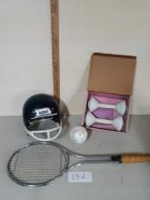 Helmet, Tennis Racket, weights, ball