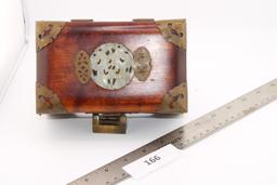 Vintage Chinese Rosewood Cherry Wood Jewelry Box with Brass & Jade Inlay. Missing key.