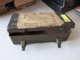 (LR) LOT TO INCLUDE A METAL MILITARY CASE, A PRECISION MEDICAL TOOL SET & ANTIQUE WAR TIME RATION