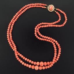 Vintage Graduated Dual Strand Salmon Coral Bead Necklace Etched 14k Gold Clasp