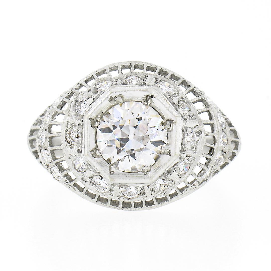 Vintage Platinum 1.21 ctw GIA Old European Diamond Dome Filigree Engagement Ring
