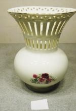 1980s Formalities by Baum Bros. Rose Porcelain Vase, Pierced Lattice, Victorian Style, Gold Trim