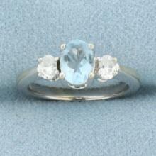 Aquamarine And Diamond Three Stone Ring In 14k White Gold