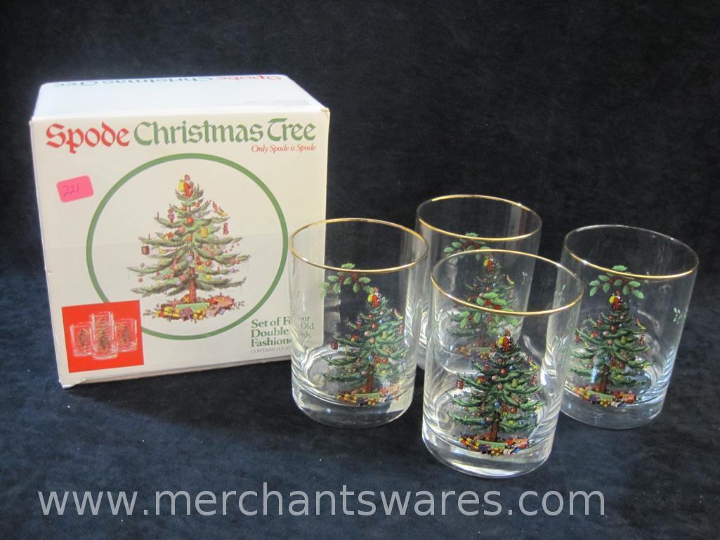 Spode Christmas Tree Set of Four Double Old Fashioneds/Glasses in Original Box, 3 lbs 1 oz