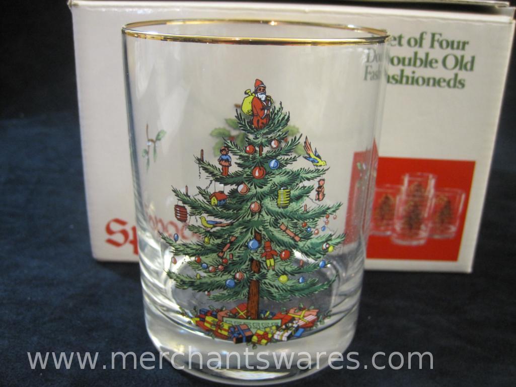 Spode Christmas Tree Set of Four Double Old Fashioneds/Glasses in Original Box, 3 lbs 1 oz