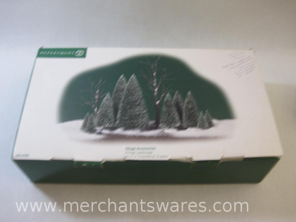 Assorted Department 56 Christmas Display Accessories including Village Landscape Trees, Woodpile and