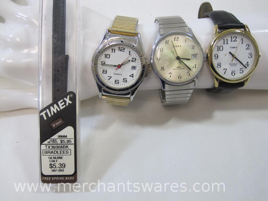 Three Wrist Watches includes 2 Timex, IndigloWR 30M and Water Resistant Calendar, Unmarked Calendar