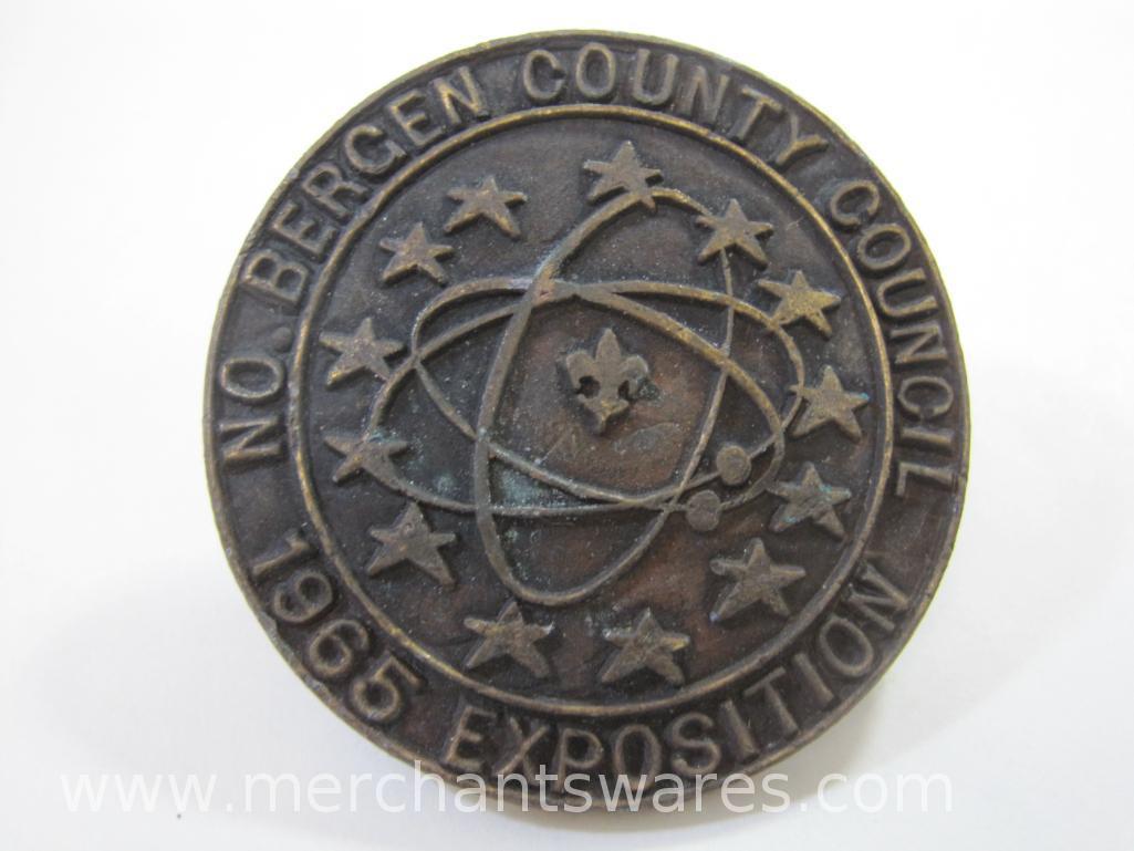 Two Bronze Commemorative Boy Scout Neckerchief Slides, 1963 and 1965 North Bergen County NJ