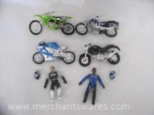 Two 4" Road Champs Motorcross Figures (good joints) with 4 Motorcycles including Kawasaki, Ducati