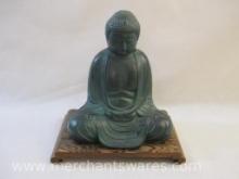 Hollow Cast Iron Buddha Figure with Wooden Base, Sensu Trading, made in Japan, 7 lbs 11 oz