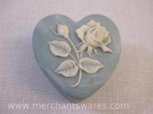 Design Gifts Blue Soap Stone Heart Shaped Trinket Box with Rose Incolay Design, 1974, 8 oz