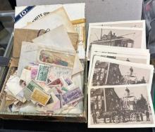 Group of Vintage Post Cards and Box Full of Vintage Postage Stamps