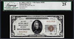 1929 $20 NB of Belleville, NJ CH# 8382 National Currency Note Legacy Very Fine 25