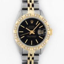 Rolex Ladies Two Tone Black Index Diamond Date Wristwatch