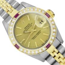 Rolex Ladies Two Tone Ruby and Diamond Datejust Wristwatch With Rolex Box