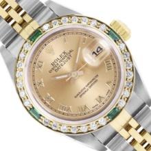 Rolex Ladies Two Tone Champagne Roman Emerald and Diamond Datejust Wristwatch