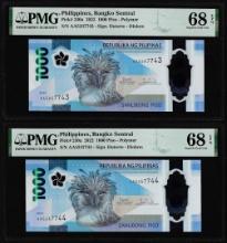 (2) Consecutive 2022 Philippines 1000 Piso Notes PMG Superb Gem Uncirculated 68EPQ