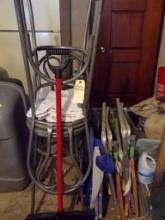 (3) Folding Chairs And (2) Metal Bar Stools w/Backs & Snow Shovel