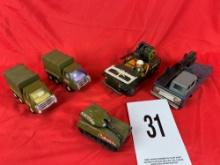 (3) Buddy L & 2 Military Trucks