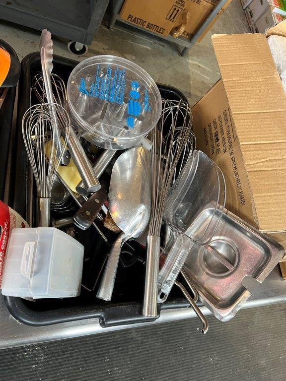 Juice Press, Plastic Tubs of Kitchen Utensils