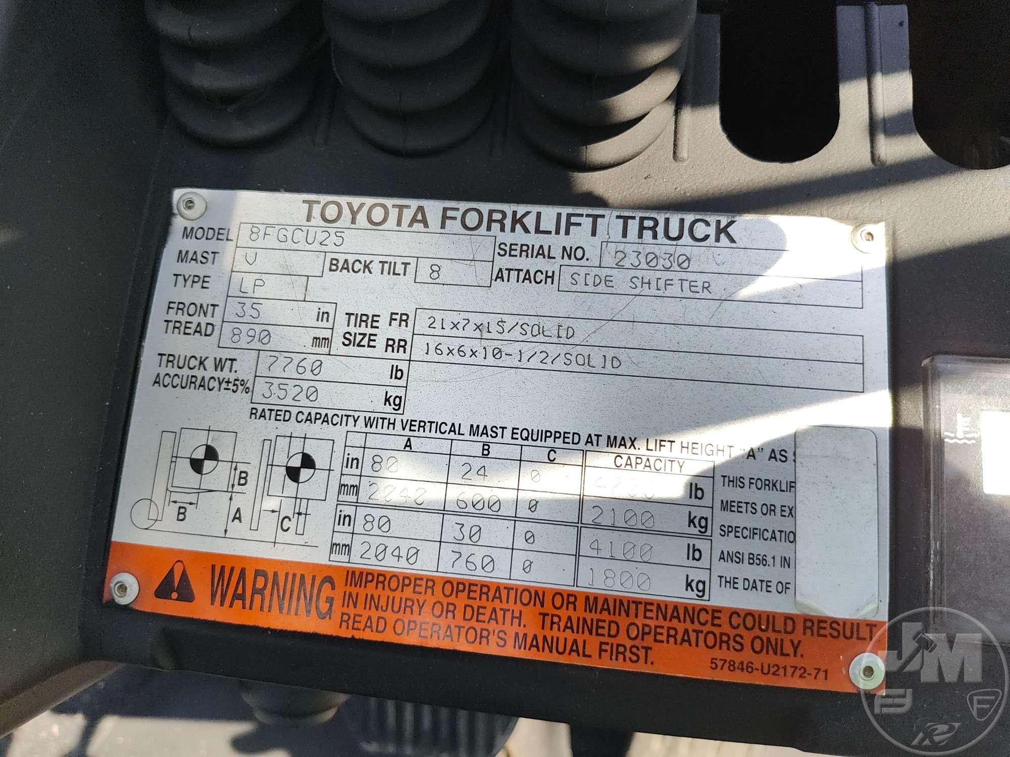 2008 TOYOTA 8FGCU25 CUSHION TIRE FORKLIFT SN: 23030