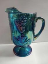 Vintage Harvest Blue Iridescent Carnival Glass Pedestal Large Pitcher