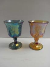 Iridescent Blue and Amber Carnival Glass Goblets