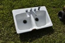 Metal Enamel Two Bay Sink with Faucet