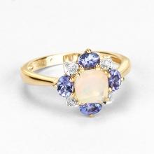 10KT Yellow Gold 1.20ctw Ethiopian Opal Tanzanite and White Diamond Ring