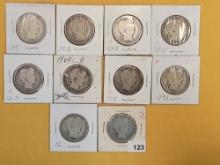 Ten Silver Barber Half Dollars