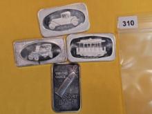 Four 1 troy ounce .999 fine silver art bars