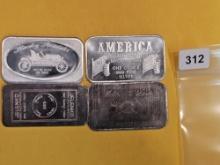 Four 1 troy ounce .999 fine silver art bars