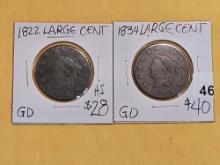 1822 and 1834 Coronet Head Large Cents