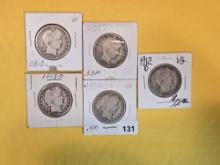 Five mixed Barber silver half dollars