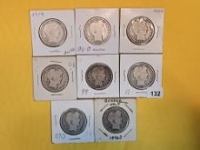 Eight mixed Barber silver half dollars