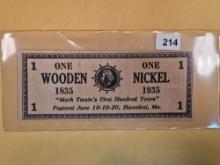 Vintage 1935 Hannibal Missouri Wooden Nickel