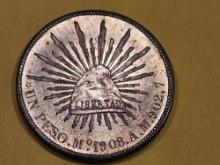 Bright About Uncirculated plus 1908 Mexico silver peso