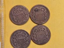 Four Different Two Cent pieces in Good to Very Good