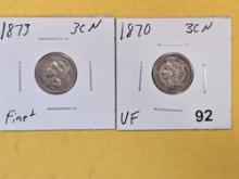 1870 and 1873 Three cent Nickels