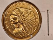 GOLD! Brilliant About Uncirculated 1911 Indian Gold $2.5 Dollars