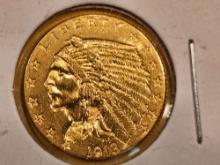 GOLD! Brilliant About Uncirculated 1913 Indian Gold $2.5 Dollars
