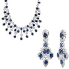 18K White Gold 75.40ct Sapphire and 17.95ct Diamond Necklace and Earring Set