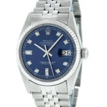 Rolex Mens Stainless Blue Diamond Dial Fluted Bezel 36MM Datejust Wristwatch