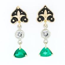 Vintage 14k Gold 1.28 ctw Trillion Emerald & Diamond Fleur De Lis Enamel Earring