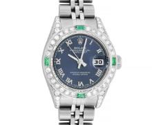 Rolex Ladies Quickset Stainless Steel Blue Roman 18K White Gold Diamond & Emeral