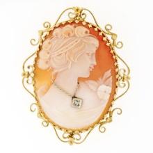 Large Vintage 14k TT Gold Carved Shell Cameo & Diamond Open Work Brooch Pendant