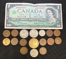 Foreign Money Canada Bank Note And Coins With Silver Coins