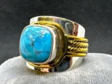 Blue Turquoise Silver And Brass Ring