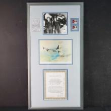 Framed black/white photo stamps print signed poem titled First Atomic Strike Force