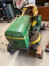 John Deere lawn tractor, missing a wheel